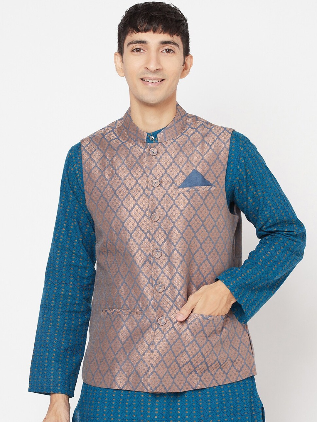 Fabindia Men Blue & Gold Woven Design Nehru Jacket