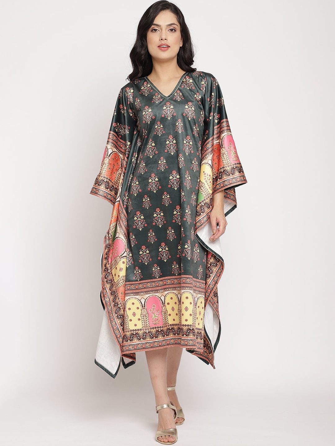 Ahalyaa Women Green & Multicoloured Ethnic Motifs Printed Flared Sleeves Velvet Kaftan Kurta
Ahalyaa Women Green & Multicoloured Ethnic Motifs Printed Flared Sleeves Velvet Kaftan Kurta
