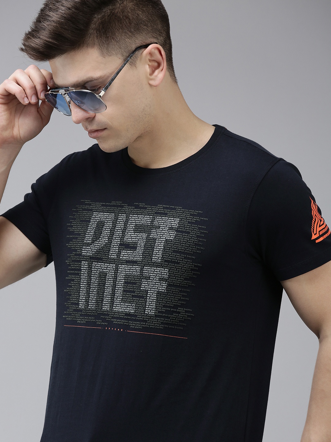 SPYKAR Men Navy Blue Typography Printed Pure Cotton Slim Fit T-shirt