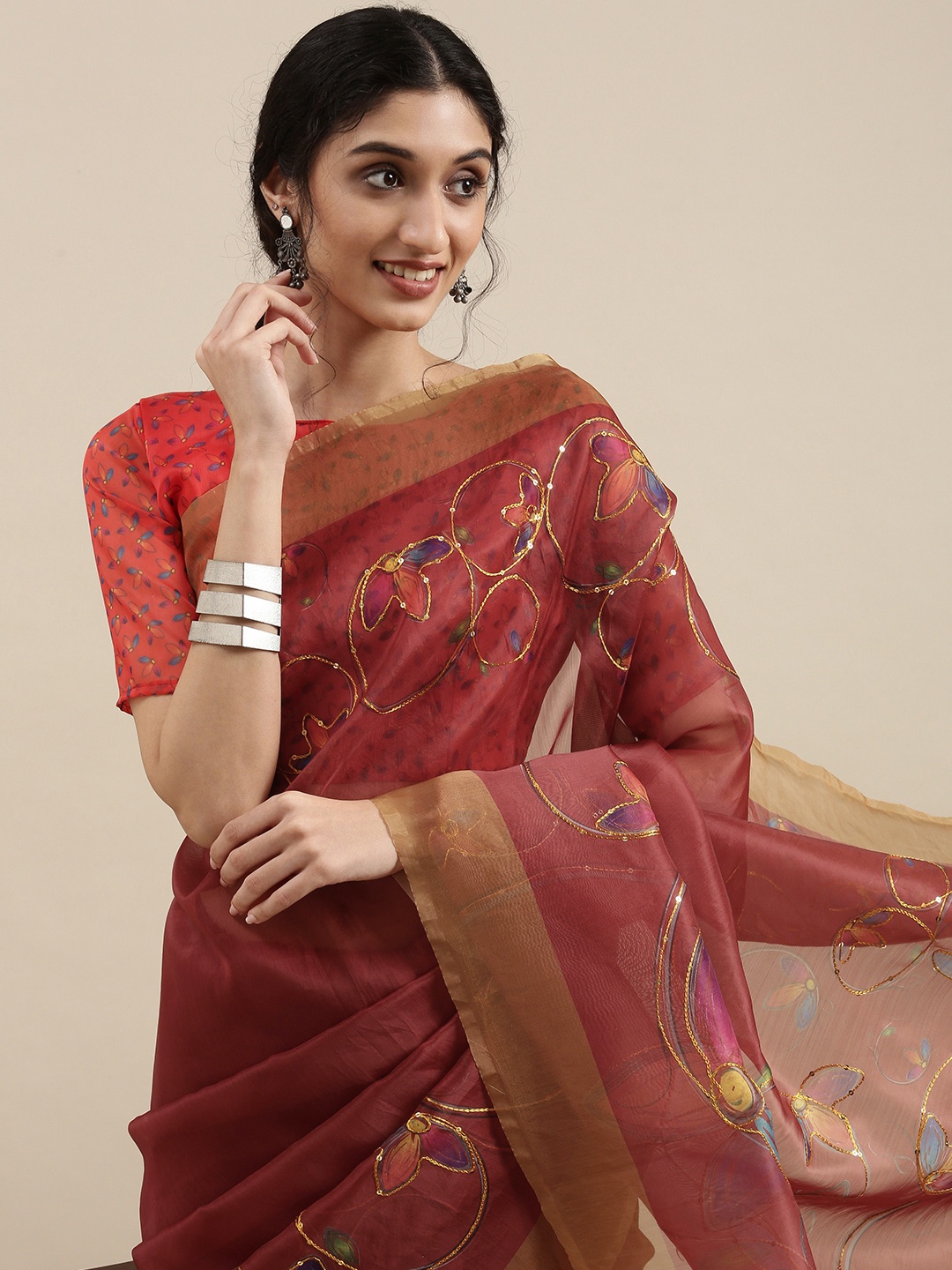 SHAVYA Maroon Floral Embroidered Organza Saree