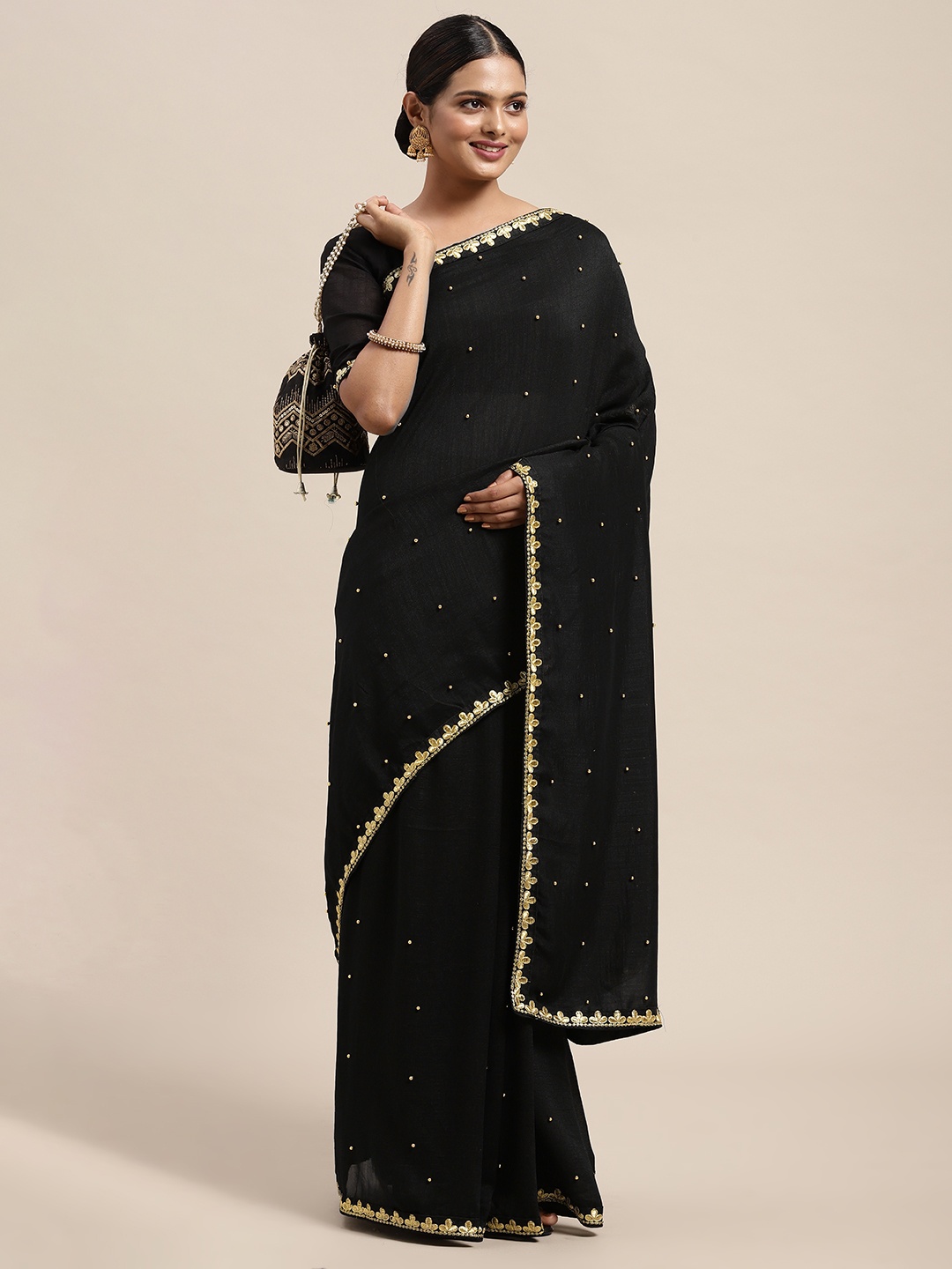 Saree mall Black Embellished Beads and Stones Saree