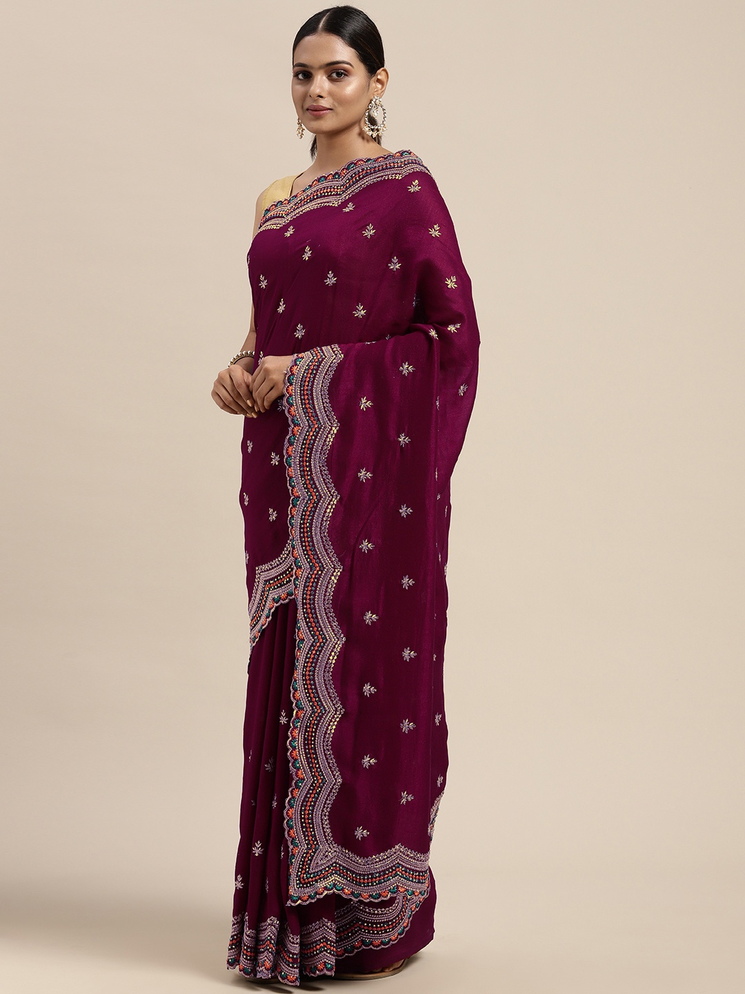 Mitera Purple Embellished Beads and Stones Art Silk Saree