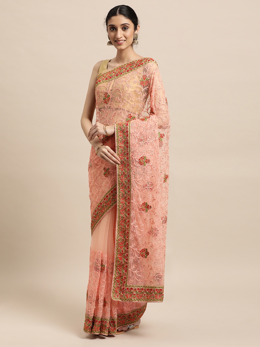 VASTRANAND Peach-Coloured Ethnic Motifs Net Saree
