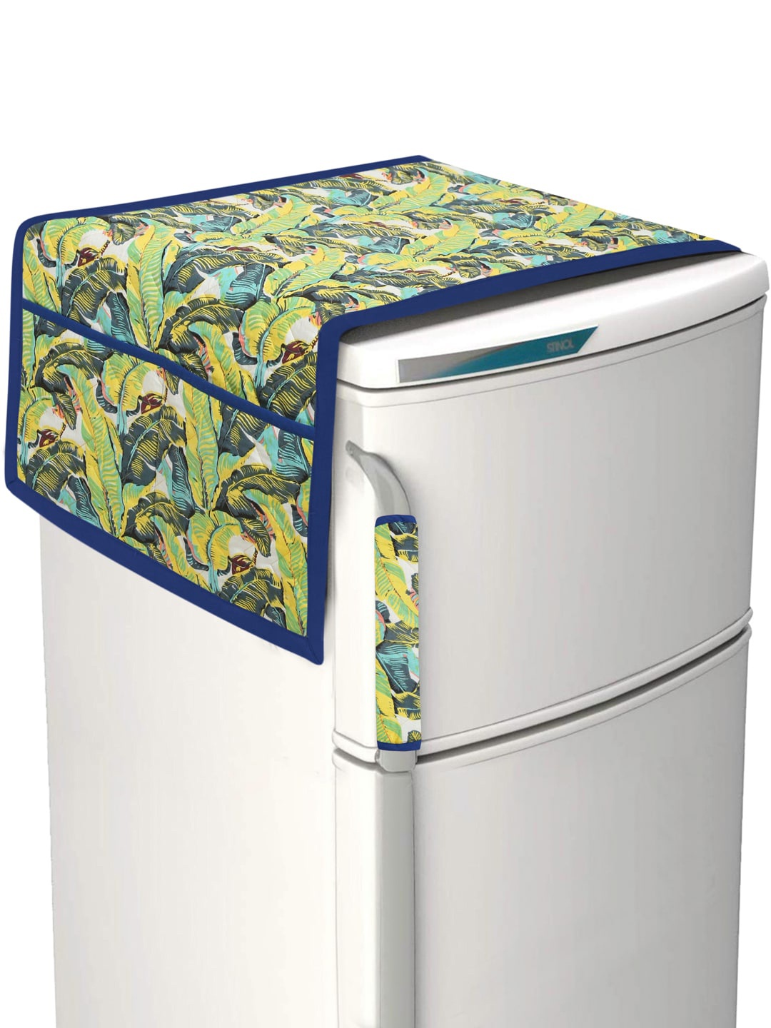 Rajasthan Decor Navy Blue & Yellow Floral Printed Cotton Fridge & Handle Cover