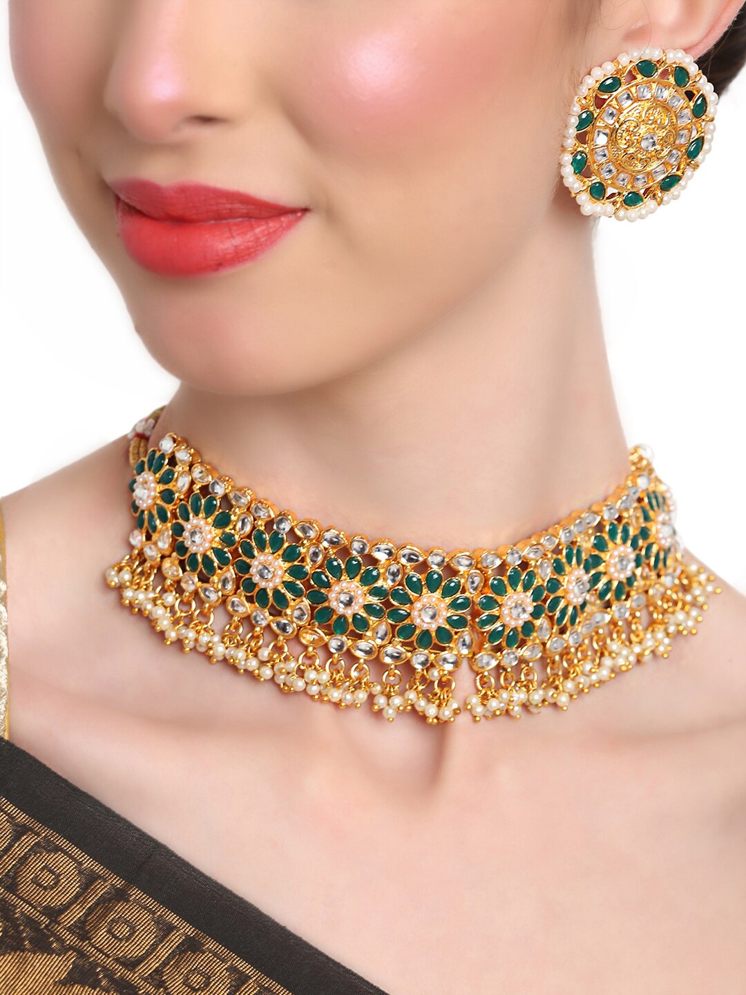 Shining Diva Gold-Plated White & Green Kundan-Studded & Beaded Jewellery Set
Shining Diva Gold-Plated White & Green Kundan-Studded & Beaded Jewellery Set