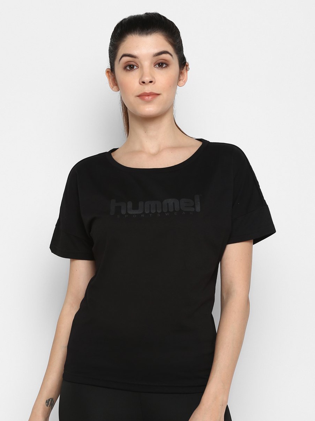 hummel Women Black Brand Logo Printed T-shirt