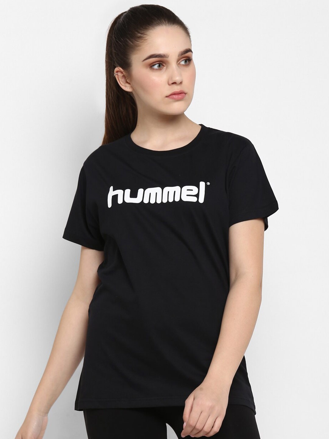 hummel Women Black Brand Logo Printed Pure Cotton T-shirt