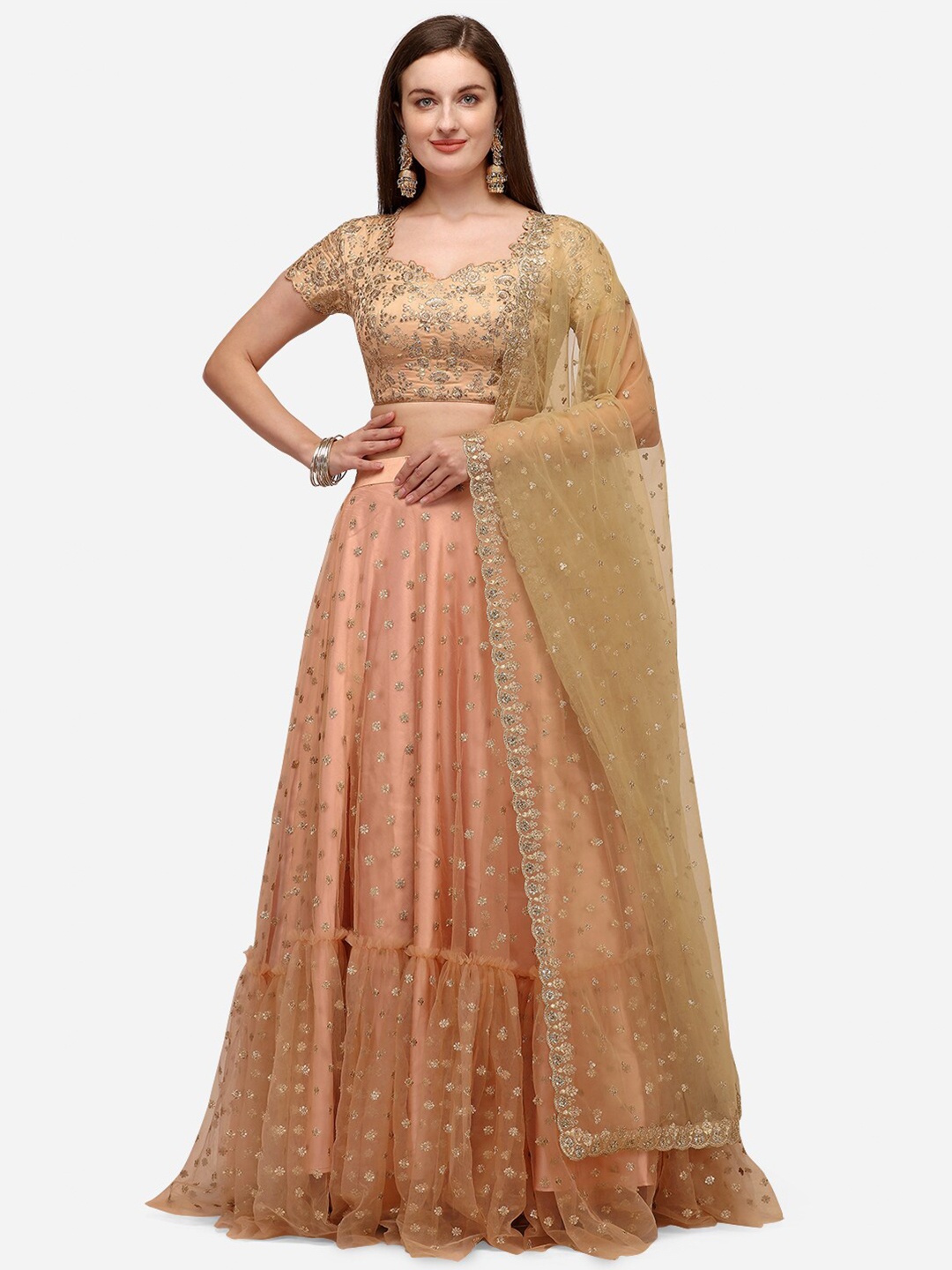 NAKKASHI Peach-Coloured & Beige Embroidered Semi-Stitched Lehenga & Unstitched Blouse With Dupatta
NAKKASHI Peach-Coloured & Beige Embroidered Semi-Stitched Lehenga & Unstitched Blouse With Dupatta