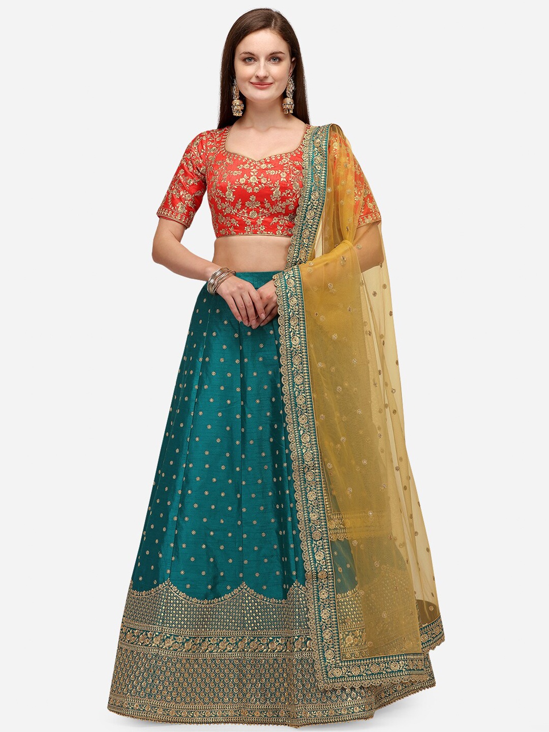 NAKKASHI Green & Red Embroidered Semi-Stitched Lehenga & Unstitched Blouse With Dupatta
NAKKASHI Green & Red Embroidered Semi-Stitched Lehenga & Unstitched Blouse With Dupatta