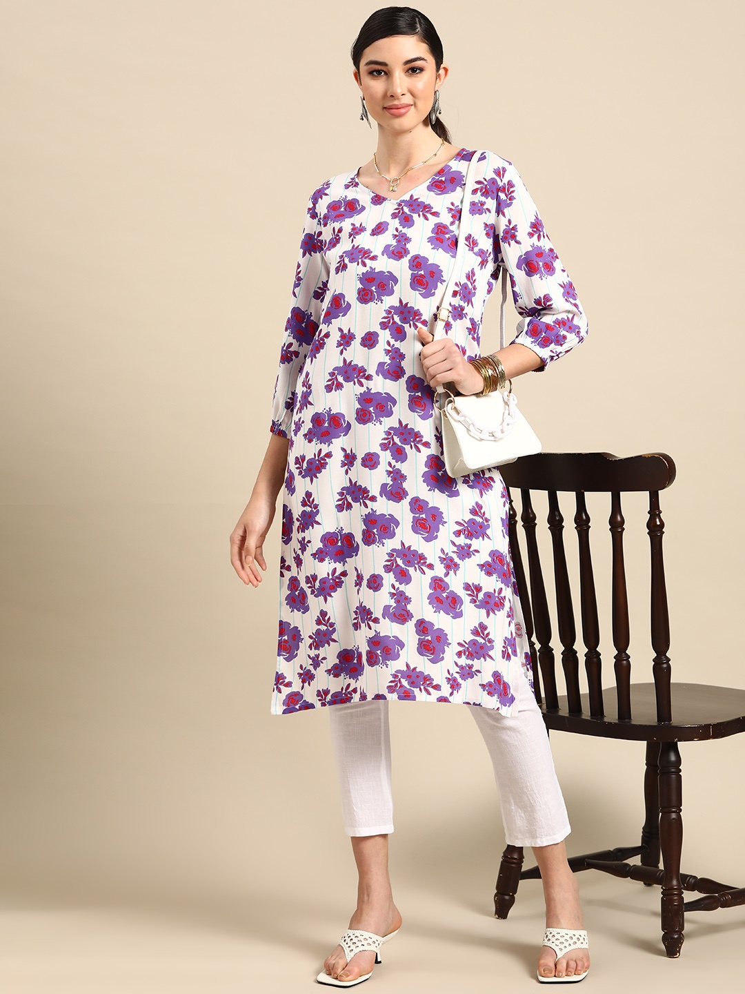 Anouk Women White & Purple Floral Printed Floral Kurta