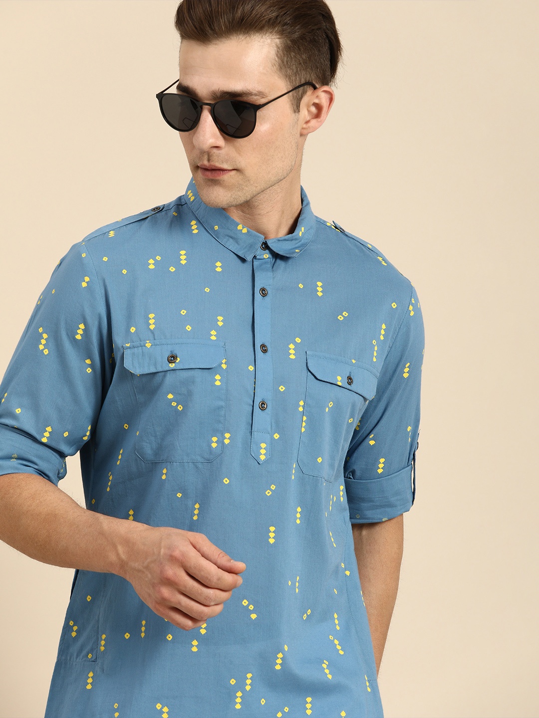 Anouk Men Blue & Yellow Ethnic Motifs Printed Roll Up Sleeves Pathani Pure Cotton Kurta
Anouk Men Blue & Yellow Ethnic Motifs Printed Roll Up Sleeves Pathani Pure Cotton Kurta