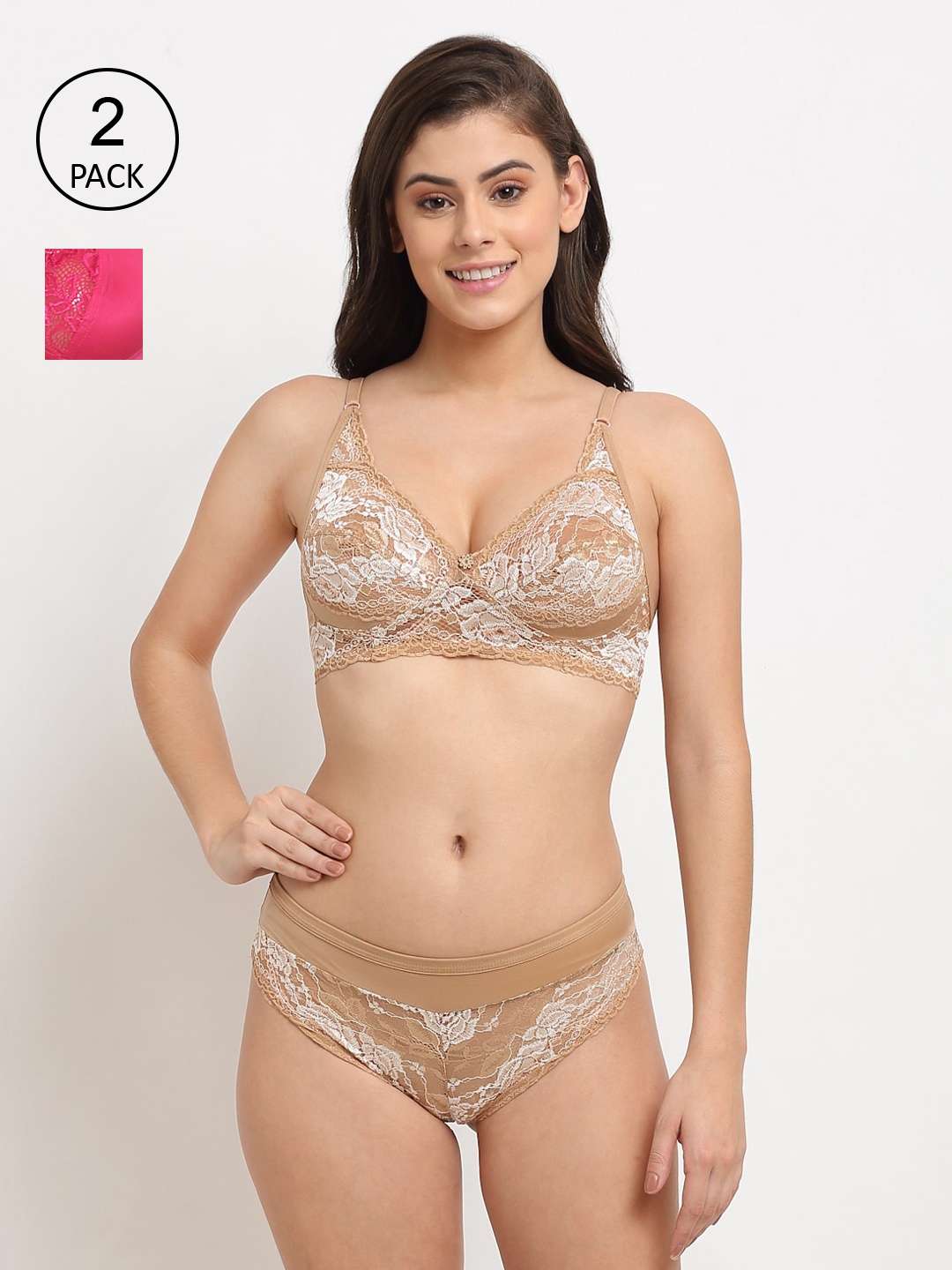 Friskers Women Pack of 2 Pink & Beige Non padded Spandex Lingerie set-2O-305-07-308-09-30
Friskers Women Pack of 2 Pink & Beige Non padded Spandex Lingerie set-2O-305-07-308-09-30