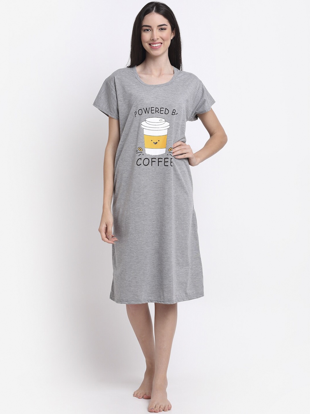 Secret Wish Grey Printed Pure Cotton T-Shirt Nightdress