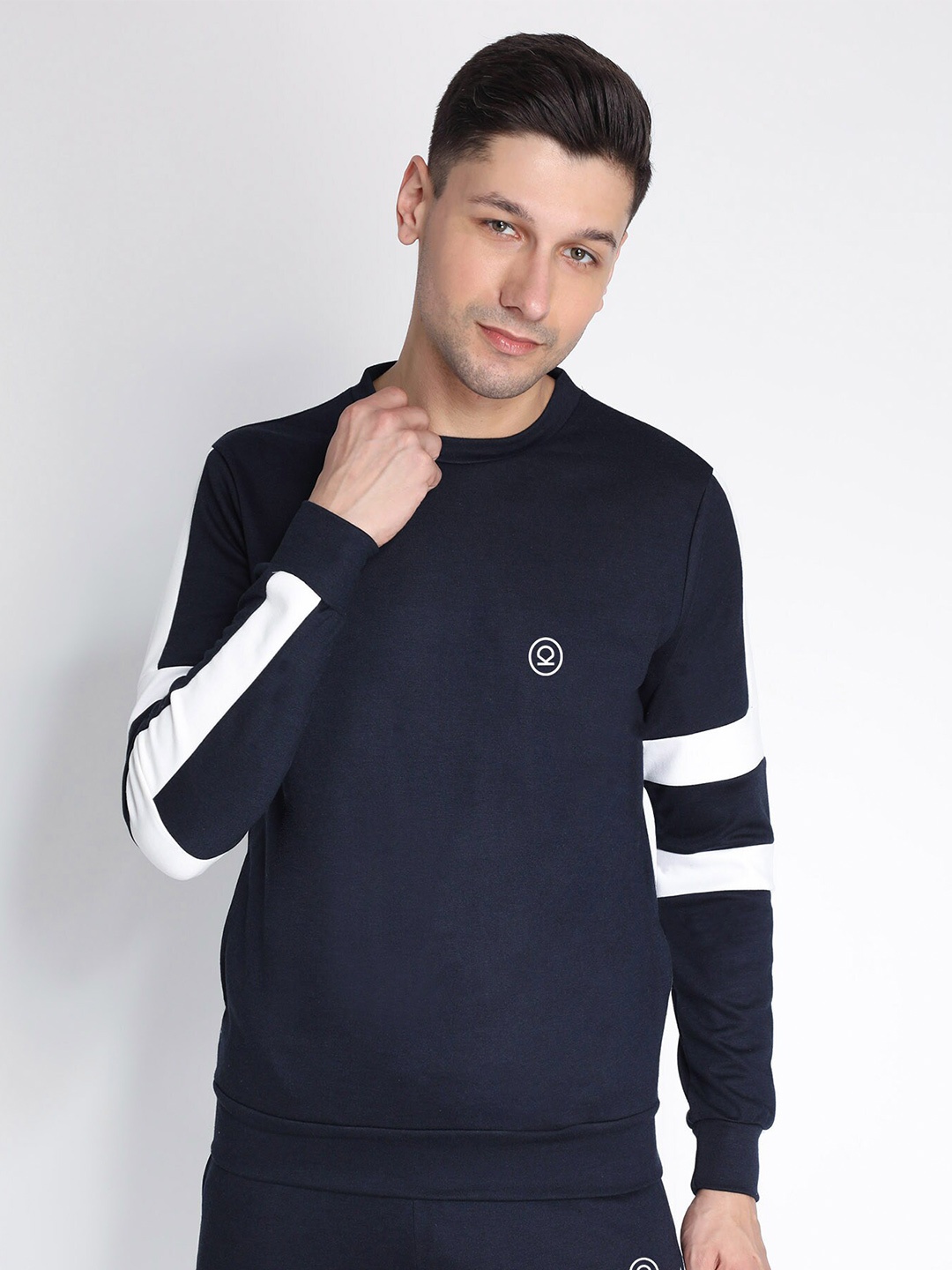 CHKOKKO Men Navy Blue Colourblocked Sweatshirt