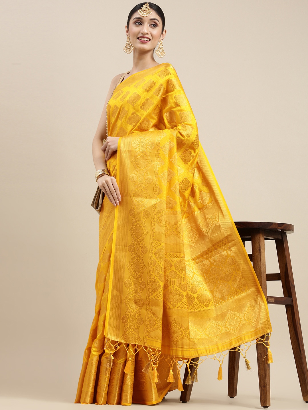 MIMOSA Yellow Ethnic Motifs Zari Art Silk Kanjeevaram Saree