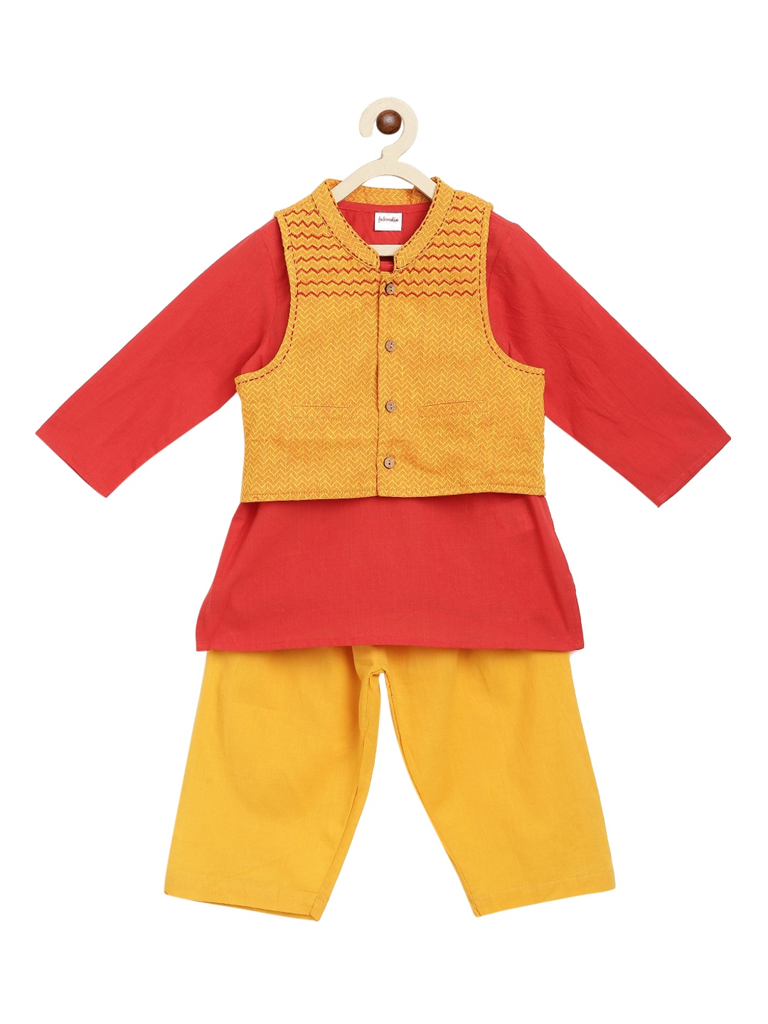 Fabindia Boys Rust Red & Mustard Yellow Regular Pure Cotton Kurta with Pyjamas & Waistcoat
Fabindia Boys Rust Red & Mustard Yellow Regular Pure Cotton Kurta with Pyjamas & Waistcoat