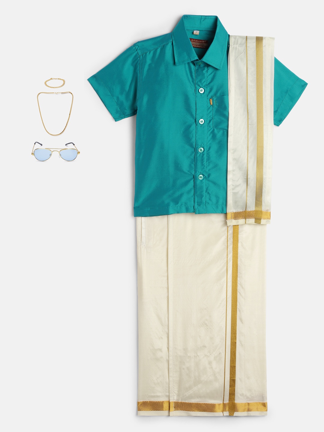 THANGAMAGAN Boys Teal Blue & Cream-Coloured Shirt - Lungi - Angavastram & Accessories
THANGAMAGAN Boys Teal Blue & Cream-Coloured Shirt - Lungi - Angavastram & Accessories