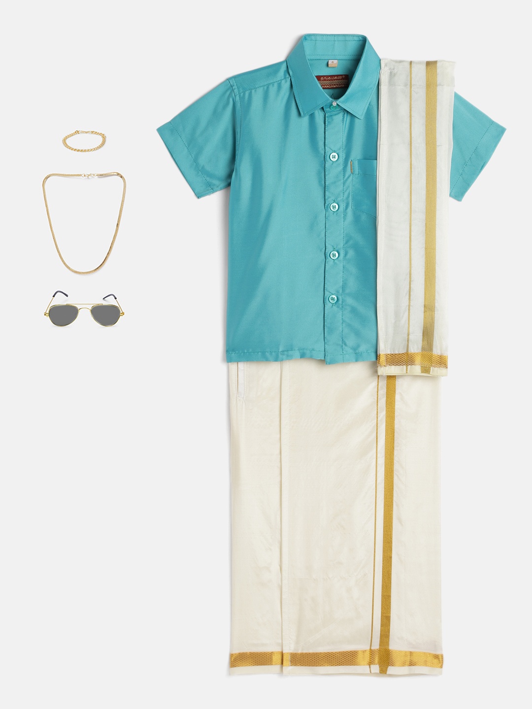 THANGAMAGAN Boys Blue & Cream-Coloured Shirt - Lungi - Angavastram & Accessories
THANGAMAGAN Boys Blue & Cream-Coloured Shirt - Lungi - Angavastram & Accessories