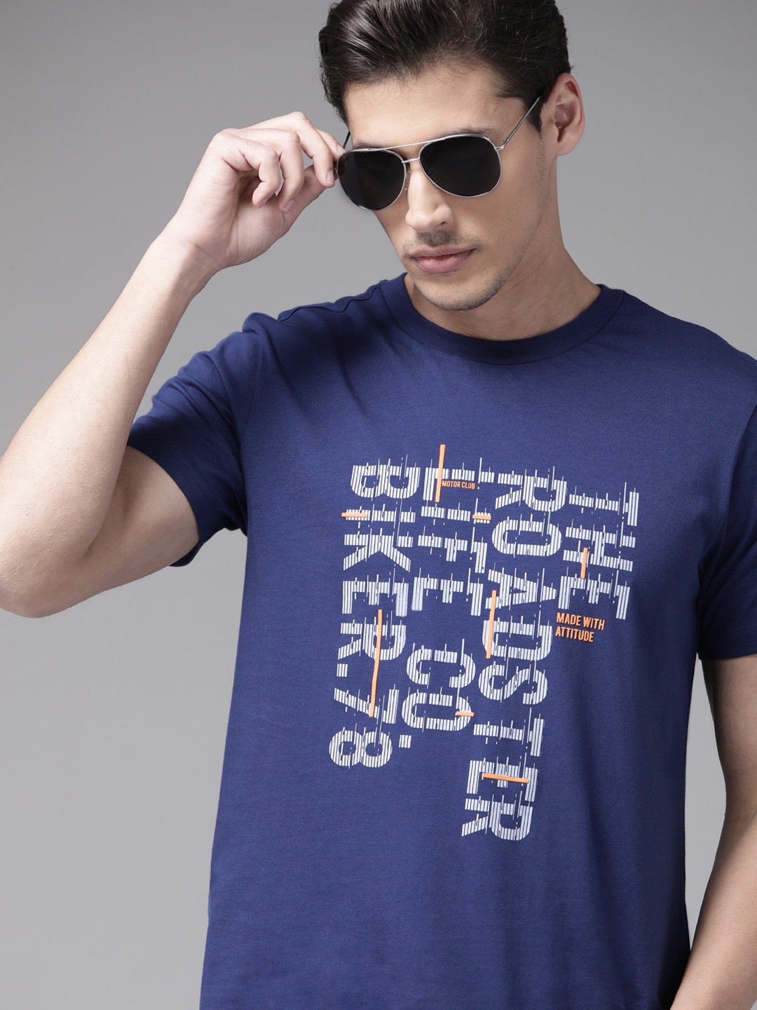 The Roadster Lifestyle Co Men Navy Blue Brand Logo Printed Pure Cotton T-shirt