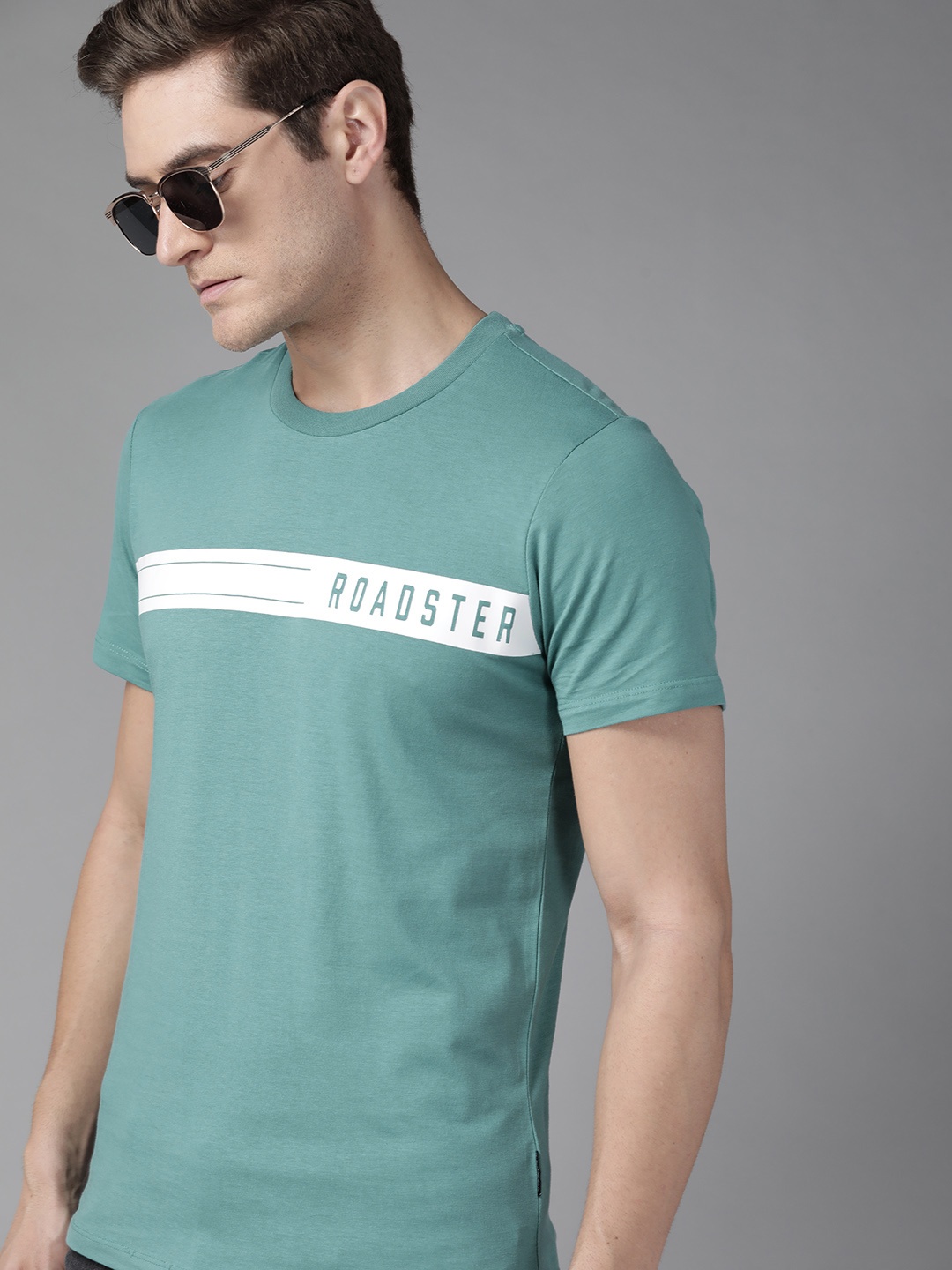 The Roadster Lifestyle Co Men Blue Pure Cotton Brand Logo Striped T-shirt