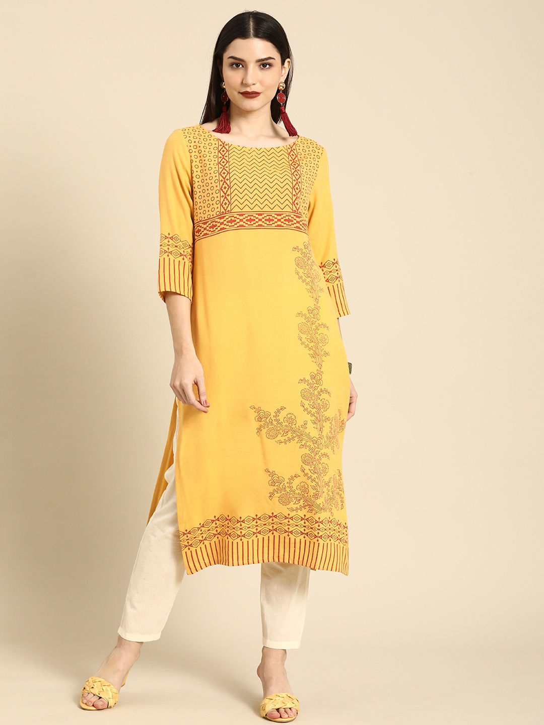 Anouk Women Mustard Yellow & Maroon Ethnic Motifs Printed Boat Neck Viscose Rayon Kurta
Anouk Women Mustard Yellow & Maroon Ethnic Motifs Printed Boat Neck Viscose Rayon Kurta