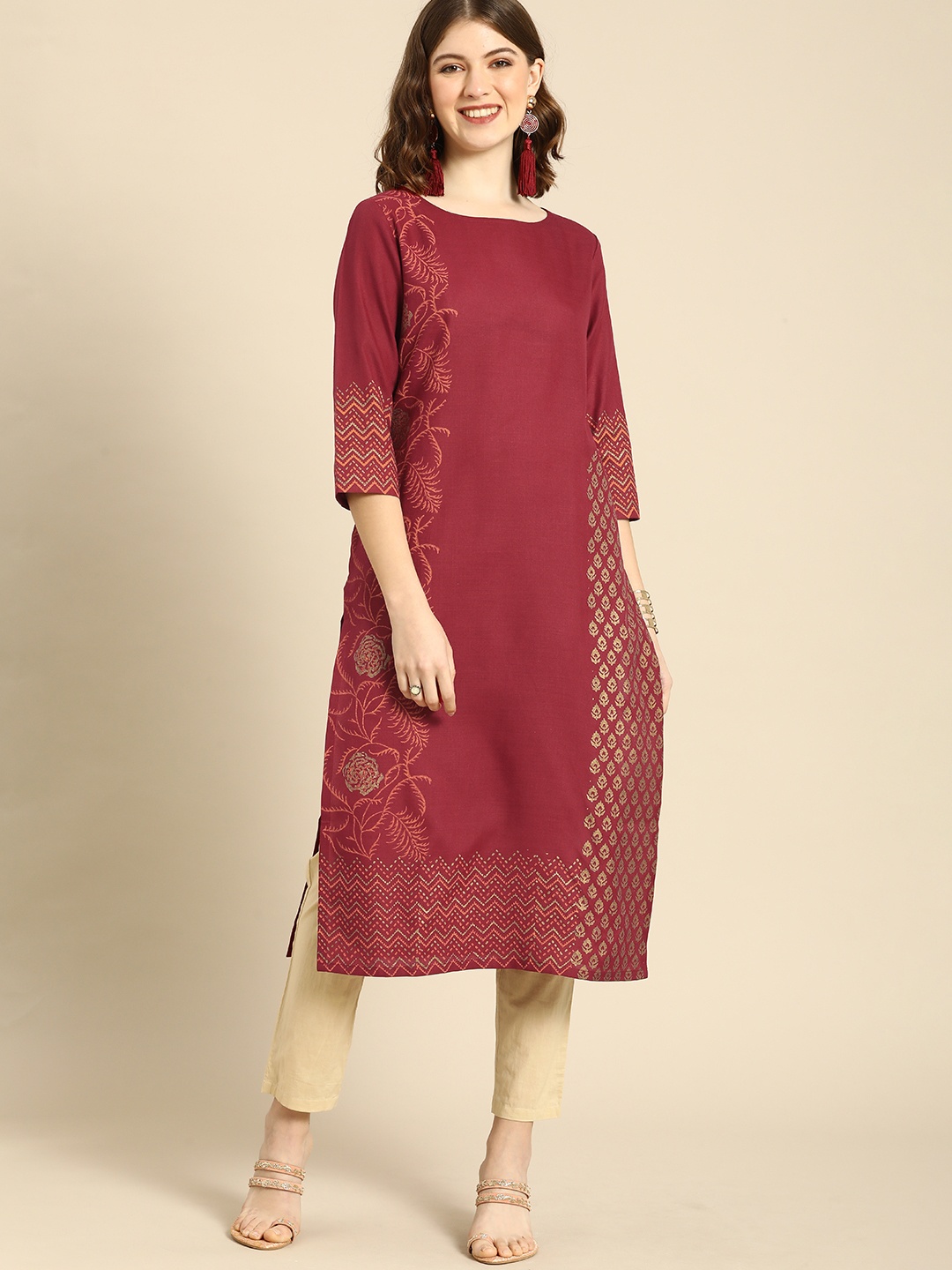 Anouk Women Maroon Ethnic Motifs Printed Boat Neck Block Print Cotton Linen Straight Kurta
Anouk Women Maroon Ethnic Motifs Printed Boat Neck Block Print Cotton Linen Straight Kurta