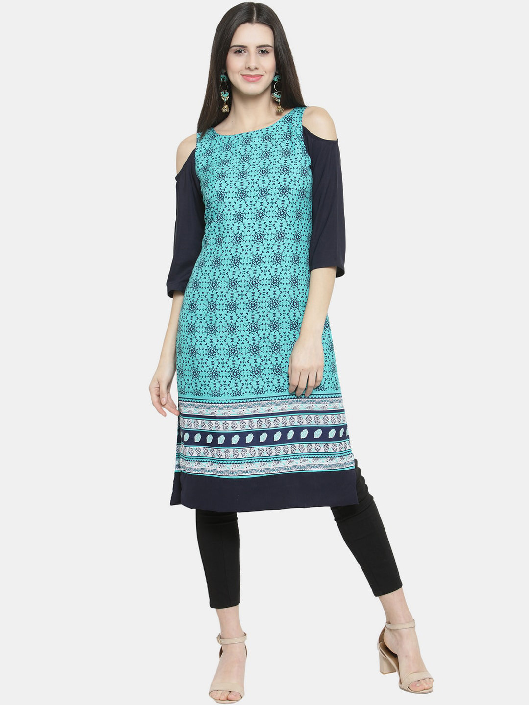 Enchanted Drapes Women Sea Green & Blue Geometric Printed Cold-Shoulder Sleeves Crepe Kurta
Enchanted Drapes Women Sea Green & Blue Geometric Printed Cold-Shoulder Sleeves Crepe Kurta
