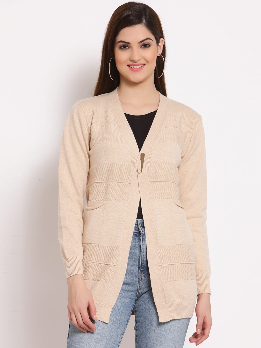 Juelle Women Cream Solid Longline Open Front Shrug
