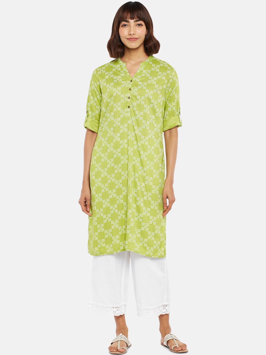 RANGMANCH BY PANTALOONS Women Green & White Geometric Printed Pathani Kurta