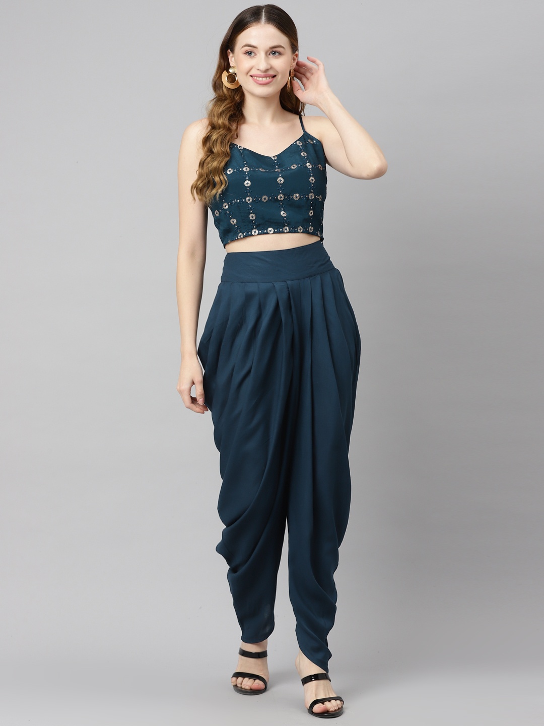 Purple State Women Teal Blue Sequined Crop Top with Dhoti Pant