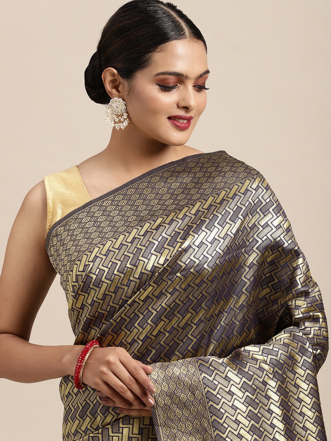 Anouk Grey & Red Zari Silk Blend Banarasi Saree