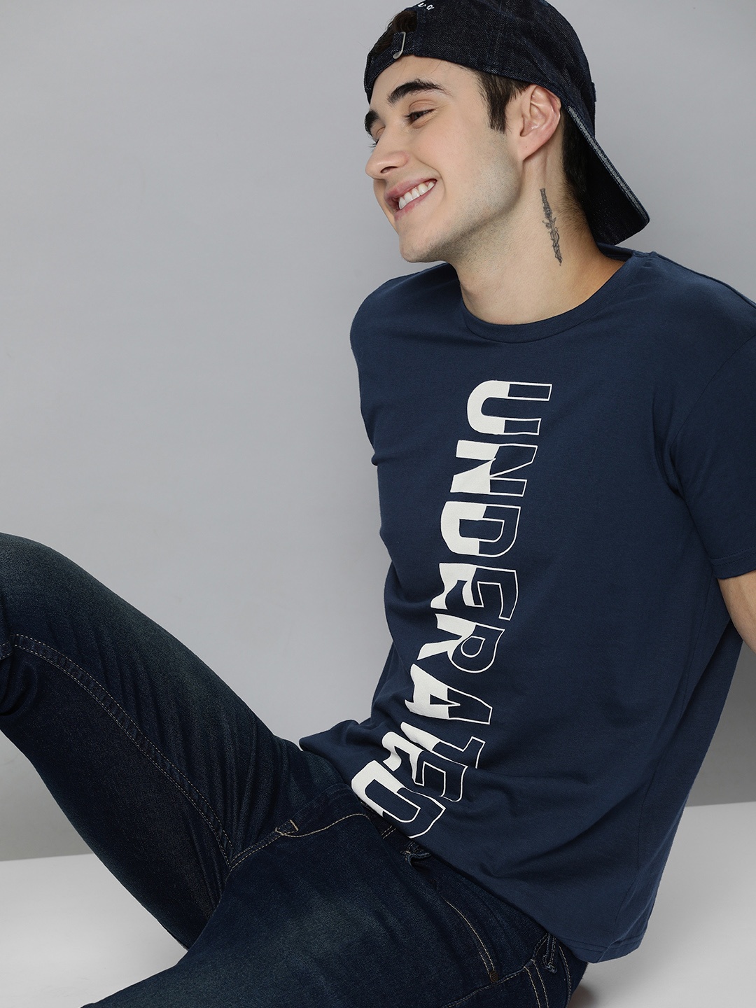 HERE&NOW Men Navy Blue Typography Printed T-shirt