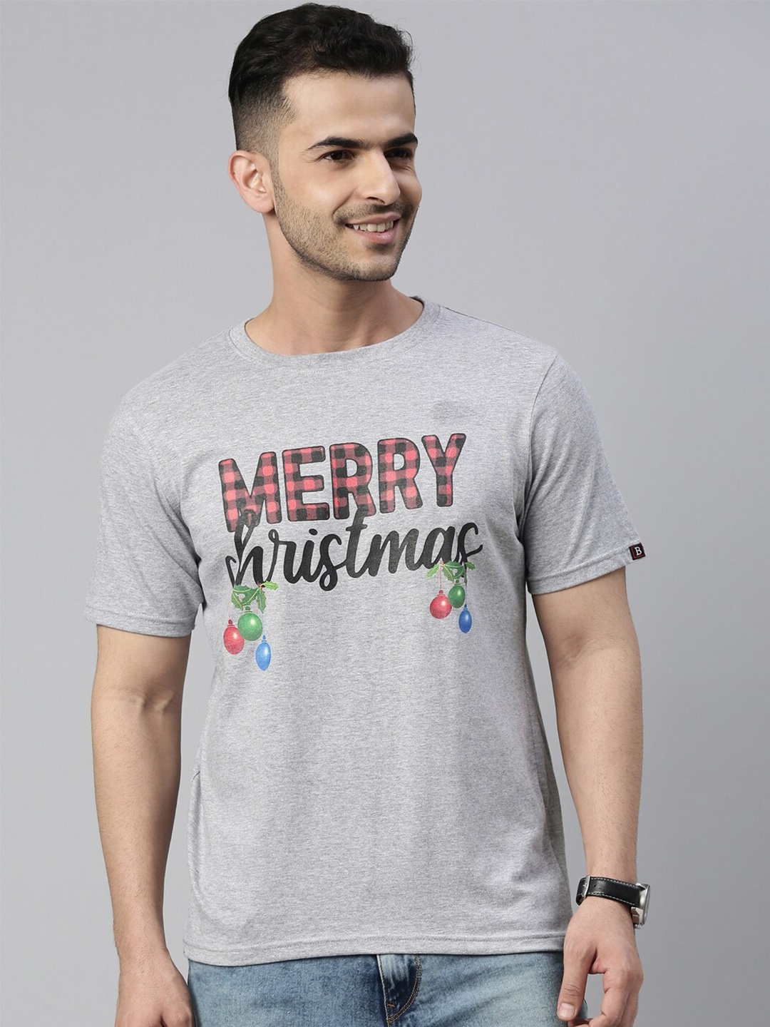 Bushirt Men Grey Melange & Red Typography Printed Pure Cotton T-shirt