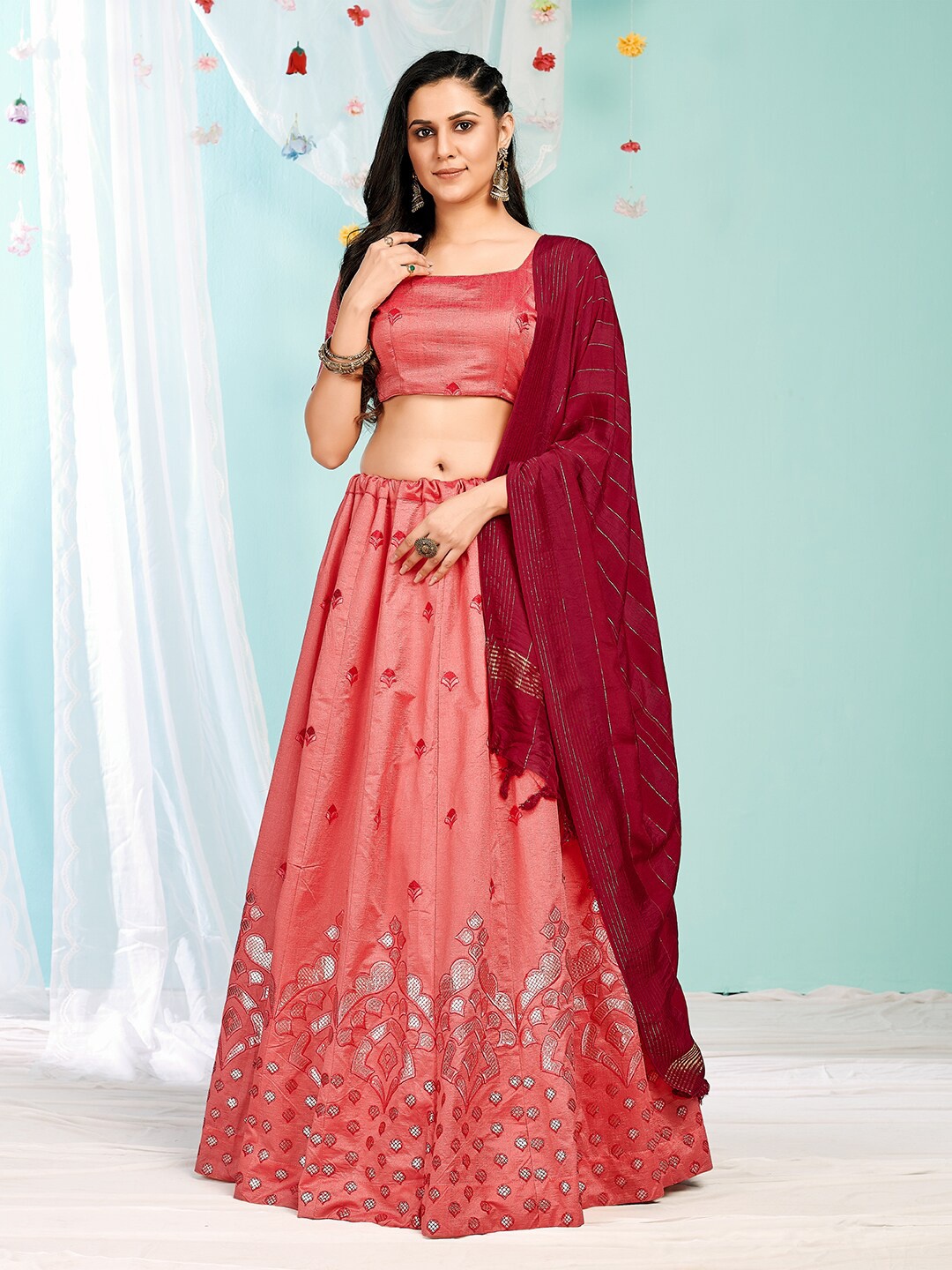 SHOPGARB Peach-Coloured Embroidered Semi-Stitched Lehenga& Unstitched Blouse With Dupatta
SHOPGARB Peach-Coloured Embroidered Semi-Stitched Lehenga& Unstitched Blouse With Dupatta
