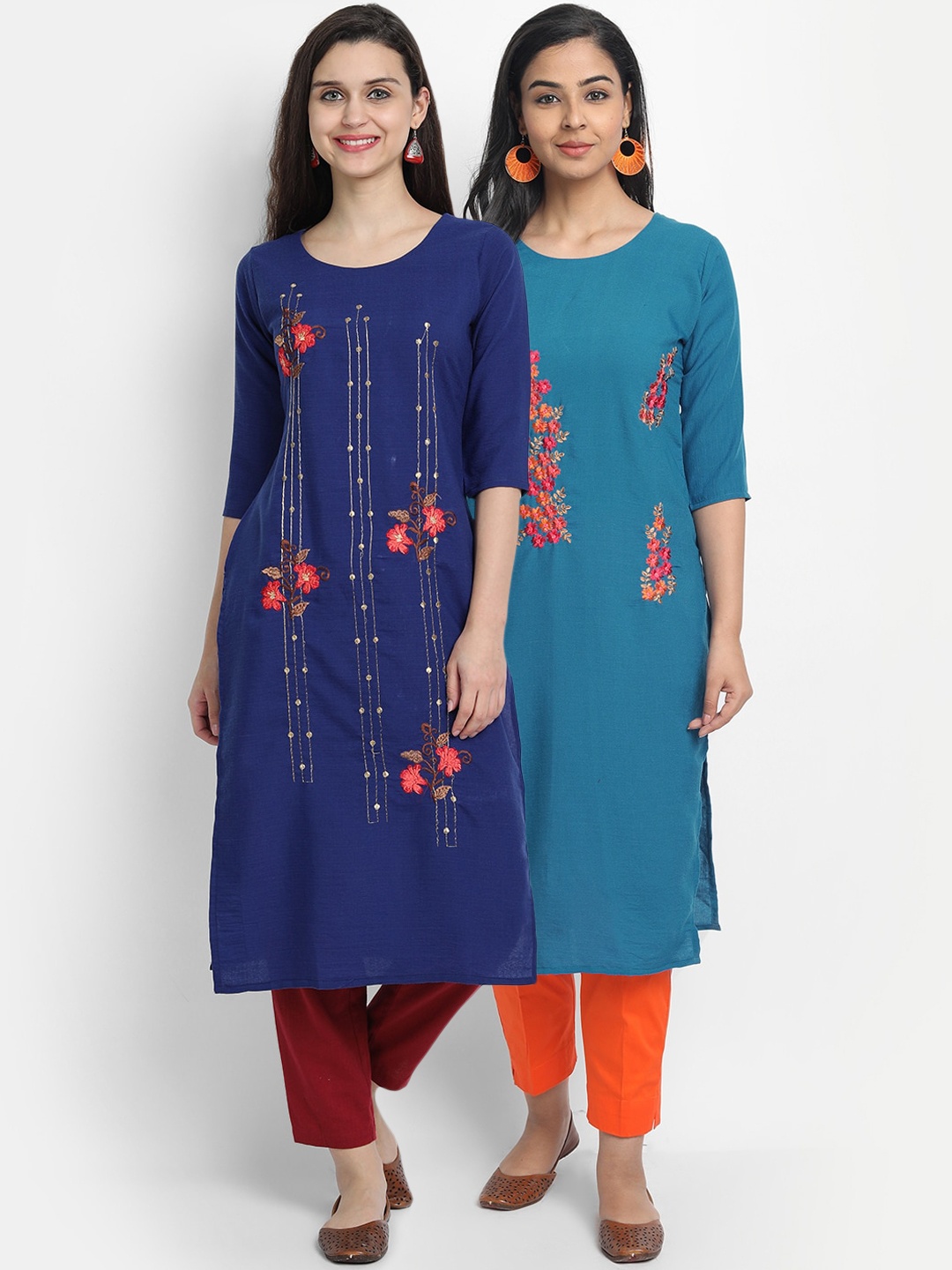 7Threads Women Pack Of 2 Embroidered Straight Kurta, Blue