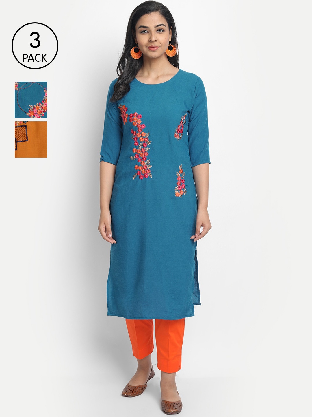 7Threads Pack Of 3 Multicoloured Floral Embroidered Flared Sleeves Thread Work Kurta, Multi
7Threads Pack Of 3 Multicoloured Floral Embroidered Flared Sleeves Thread Work Kurta, Multi
