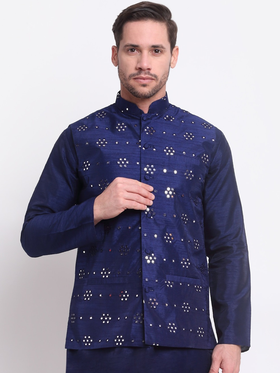 KRAFT INDIA Men Navy Blue Silk Mirror Work Nehru Jacket