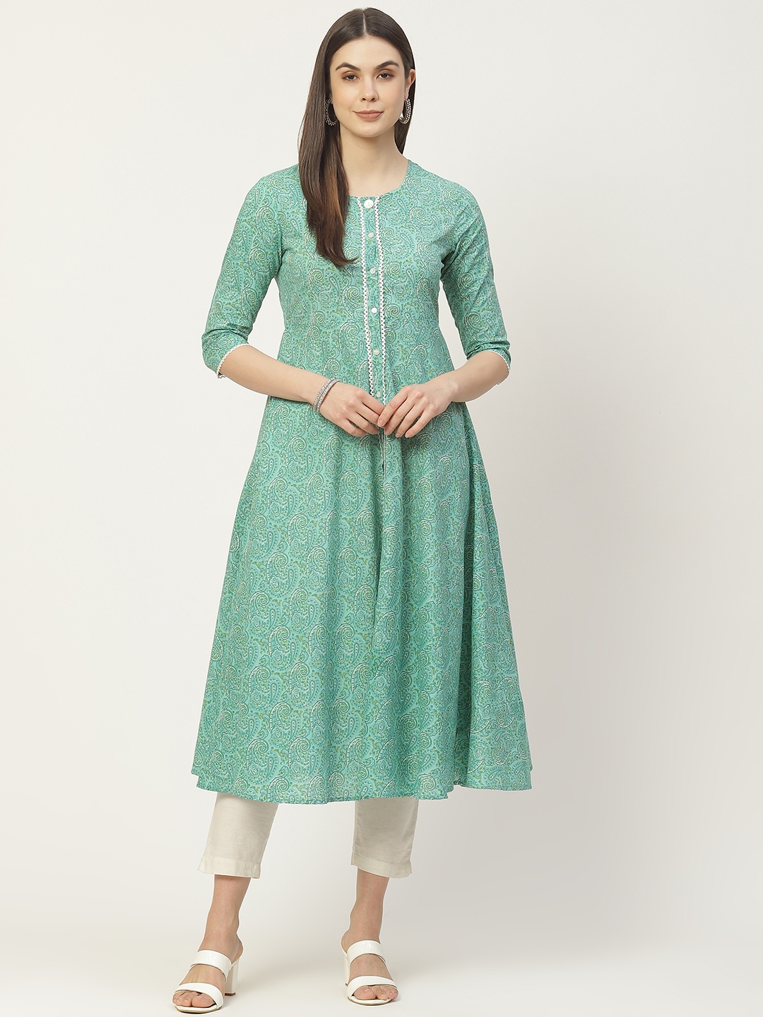 FABRIC FITOOR Women Sea Green & White Pure Cotton Ethnic Motifs Printed Anarkali Kurta
FABRIC FITOOR Women Sea Green & White Pure Cotton Ethnic Motifs Printed Anarkali Kurta