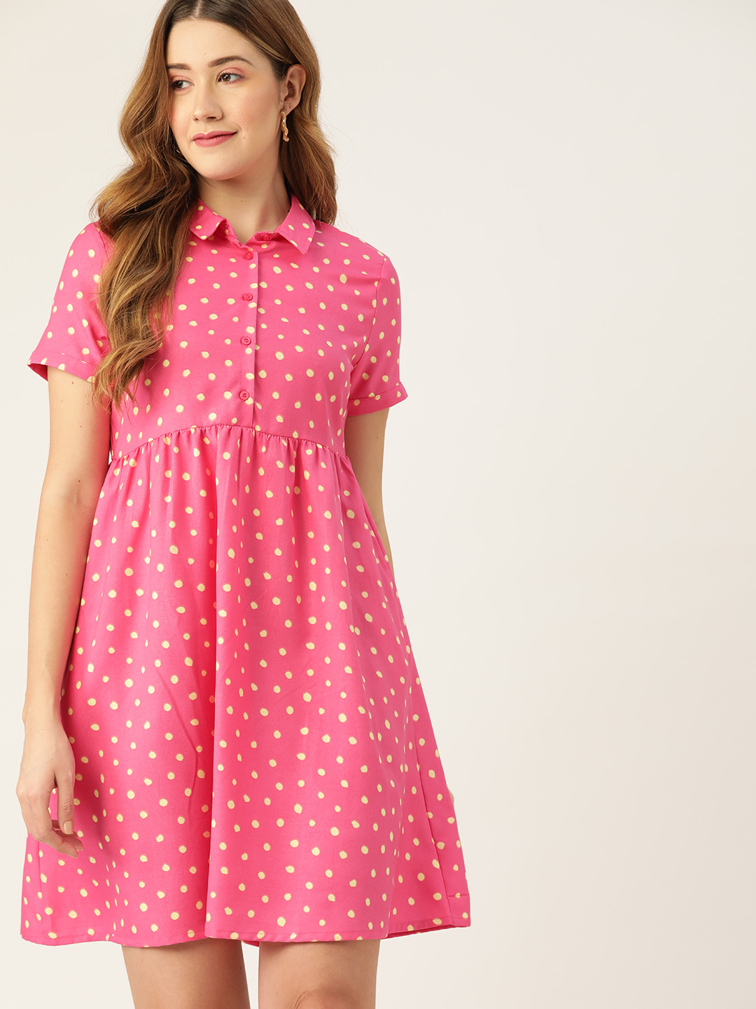 DressBerry Pink & Yellow Polka Dots Print Textured Knit Shirt Dress
DressBerry Pink & Yellow Polka Dots Print Textured Knit Shirt Dress