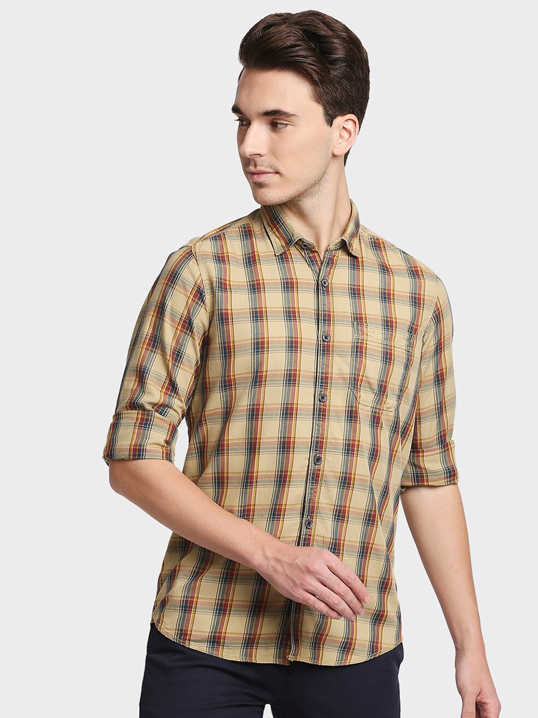 ColorPlus Men Beige & Red Tartan Checked Casual Shirt