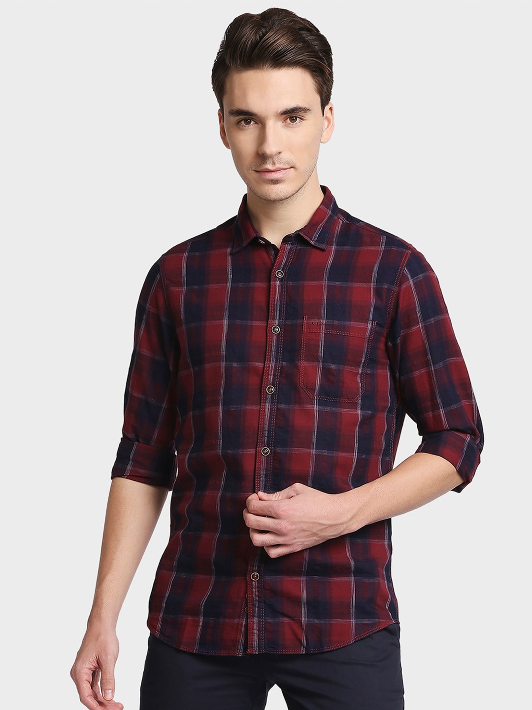 ColorPlus Men Red Opaque Checked Casual Shirt