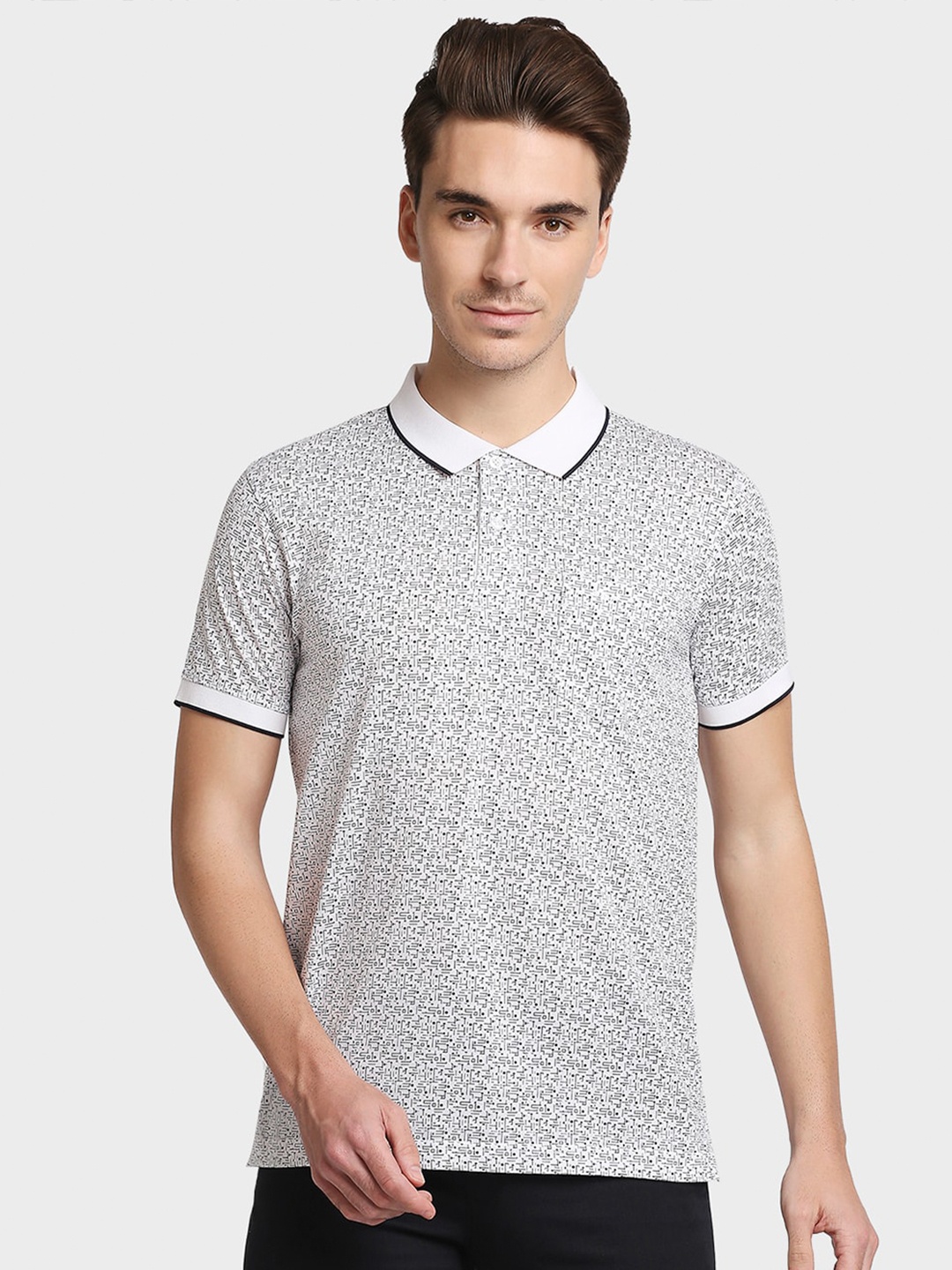 ColorPlus Men White Printed Polo Collar T-shirt