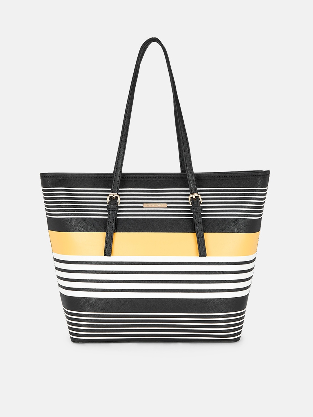 Forever Glam by Pantaloons Black Striped PU Shopper Shoulder Bag