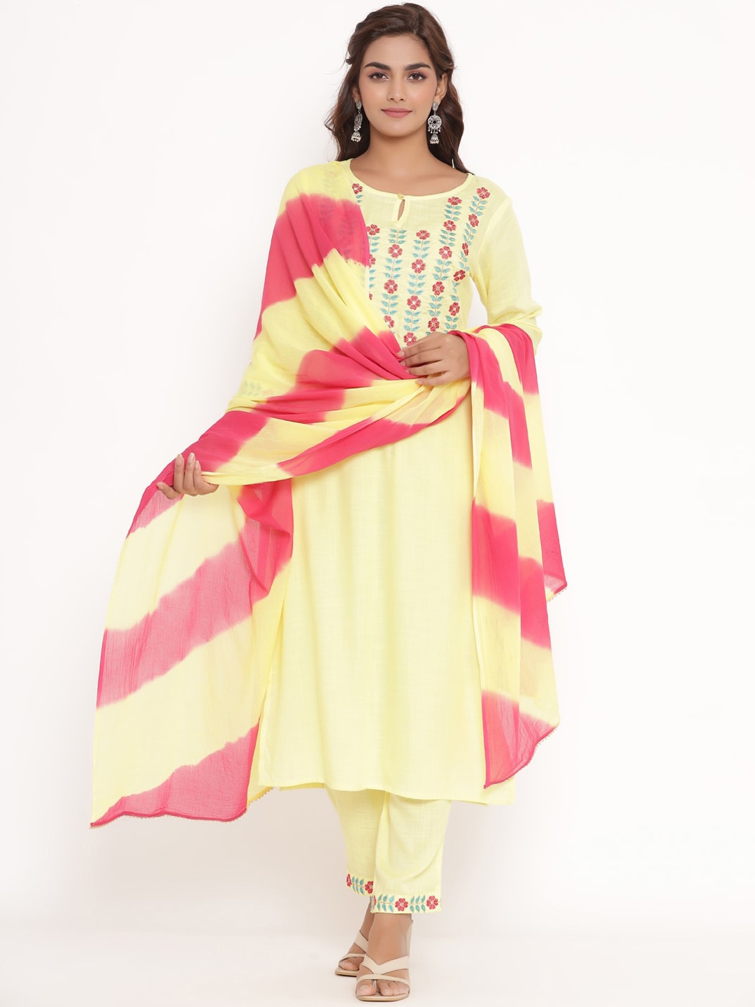 VEDANA Women Yellow & Red Embroidered Regular Thread Work Kurta with Trousers & Dupatta
VEDANA Women Yellow & Red Embroidered Regular Thread Work Kurta with Trousers & Dupatta
