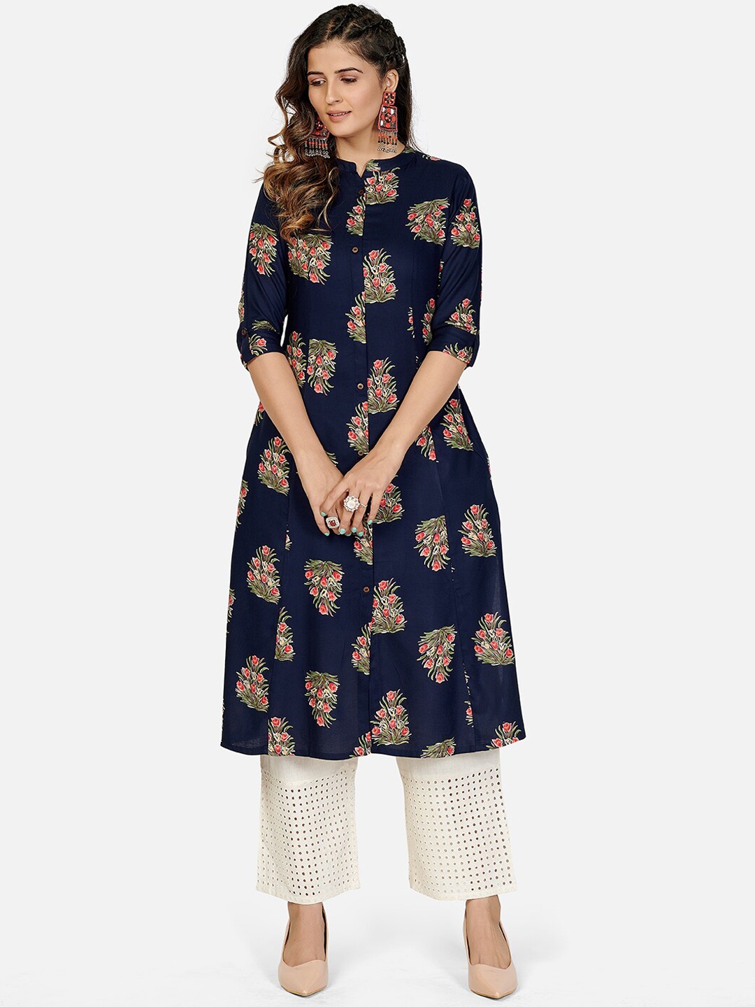 Vbuyz Women Blue & Green Floral Printed A-line Kurta