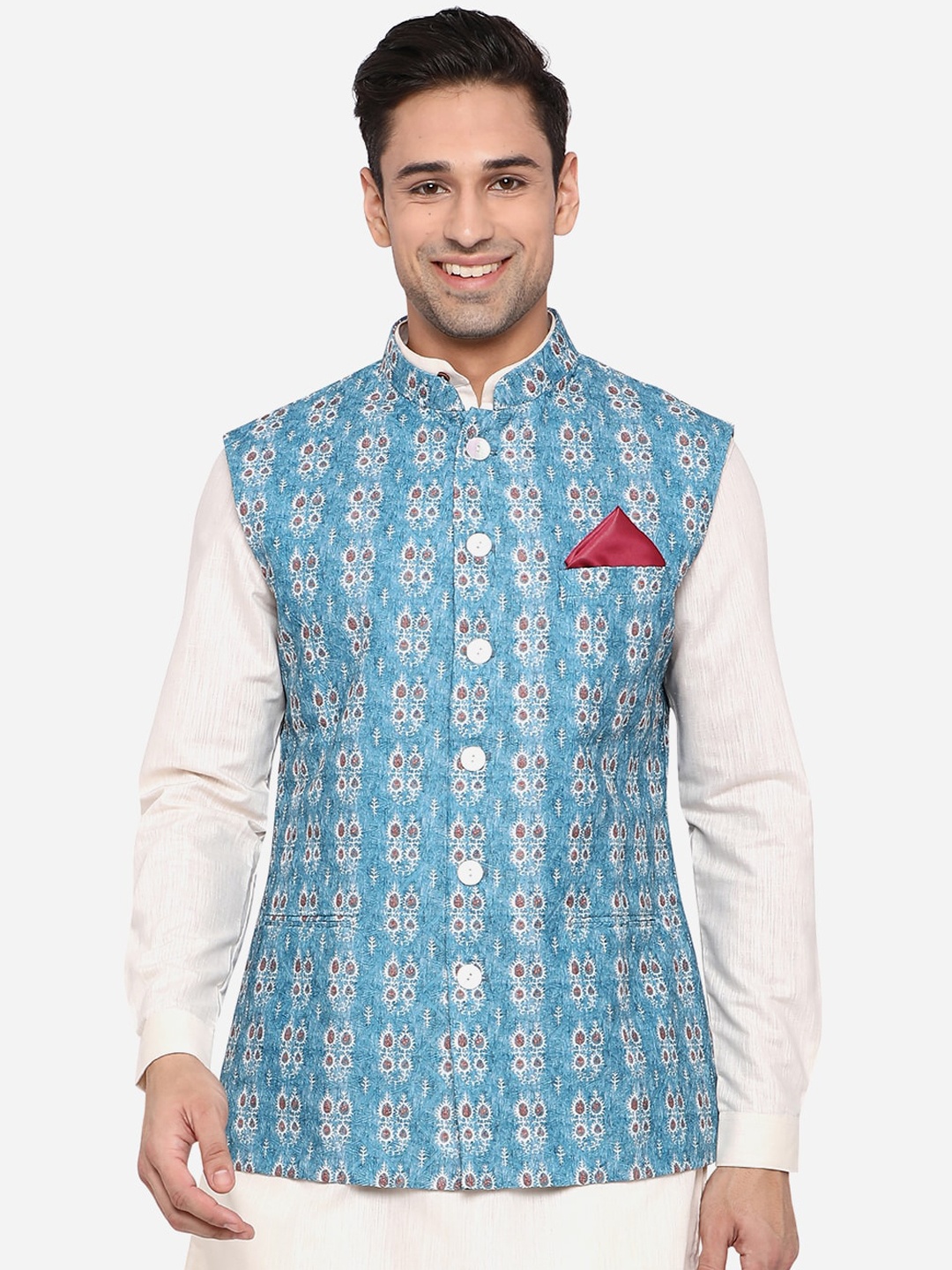 JB STUDIO Men Blue & White Printed Bandhgala Nehru Jacket