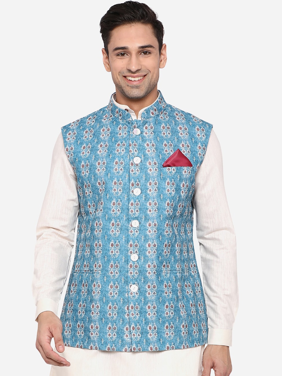 JB Studio Men's Blue Terry Wool Printed Regular Fit Waistcoat