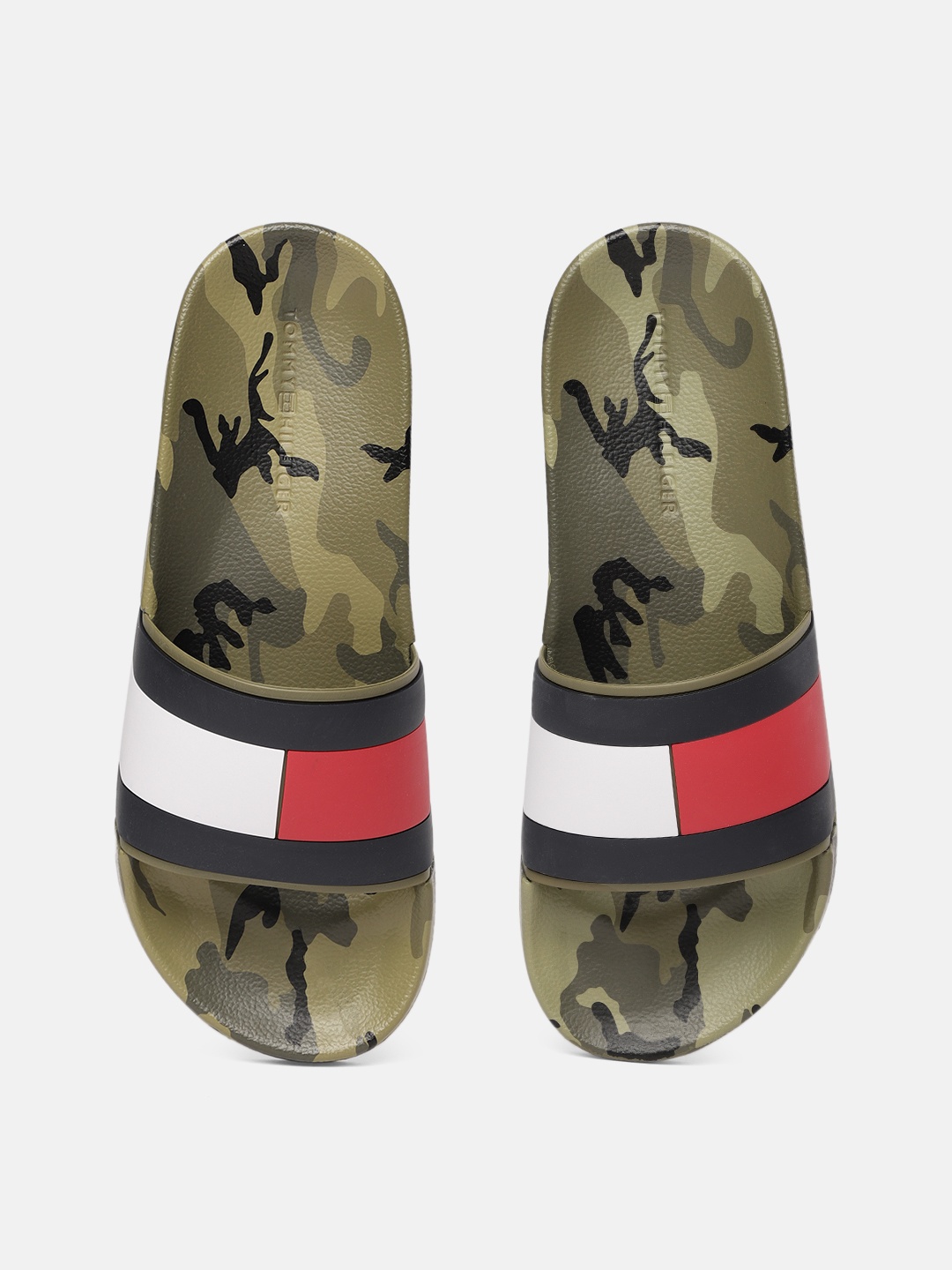 Tommy Hilfiger Men Olive Green & Black Camouflage Print & Applique Rubber Pool Sliders