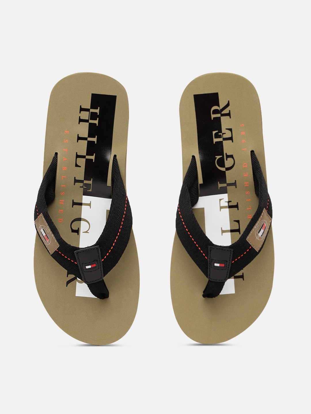 Tommy Hilfiger Men Beige & Black Brand Logo Print Beach Thong Flip-Flops