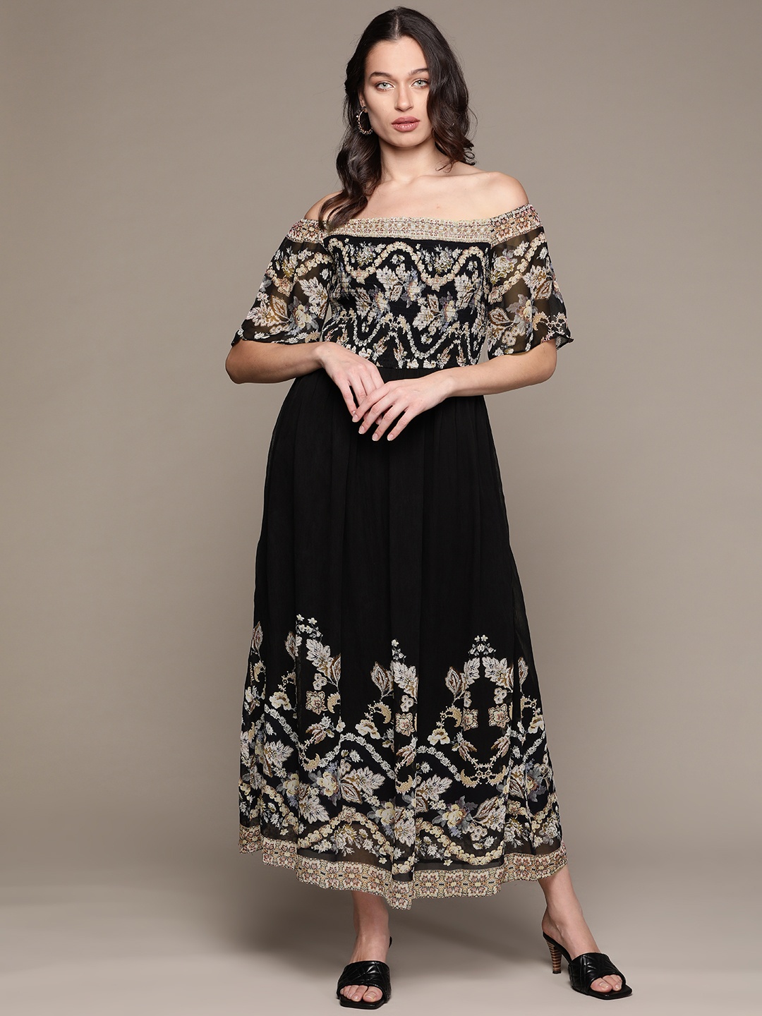Label Ritu Kumar Black & Beige Ethnic Print Smocked Georgette Midi Fit & Flare Dress
Label Ritu Kumar Black & Beige Ethnic Print Smocked Georgette Midi Fit & Flare Dress